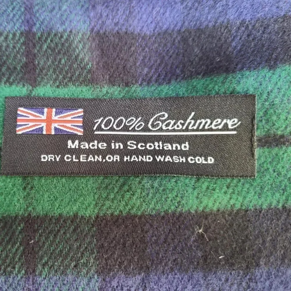 100% Cashmere Blue Green Tartan Scarf made in Scotland NEW!